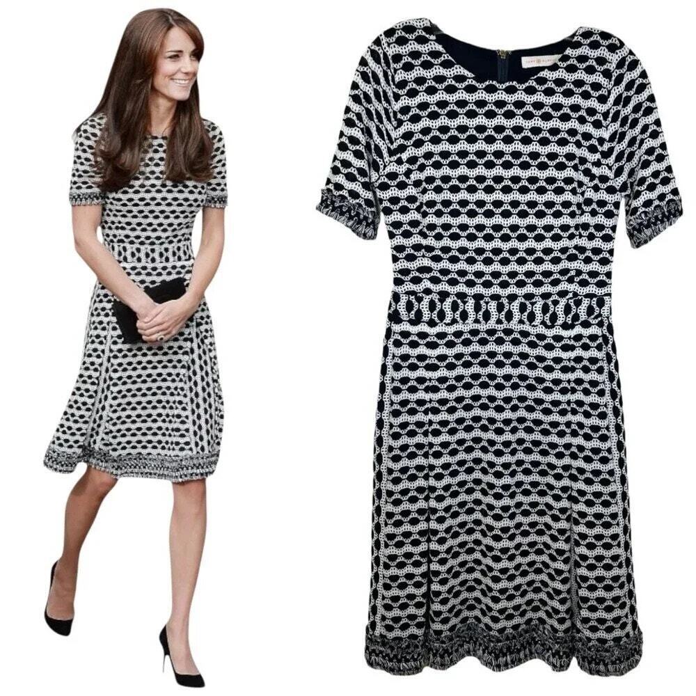 Tory Burch Paulina' Knit Dress, Kate Middleton A-Line Fringe Black/White Medium